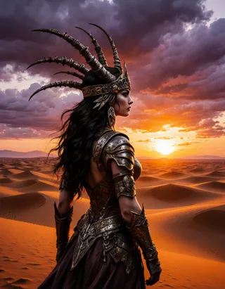 A wasteland princess adorned with a scrap metal headdress stands on rolling desert sand dunes under a dramatic cloudy sky as the sun sets, casting warm orange and violet hues across the landscape.
