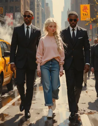 A young Princess Elsa with long white braided hair wearing a pastel cashmere sweater and jeans walks calmly between two male bodyguards in black suits on a busy New York City street during golden hour.