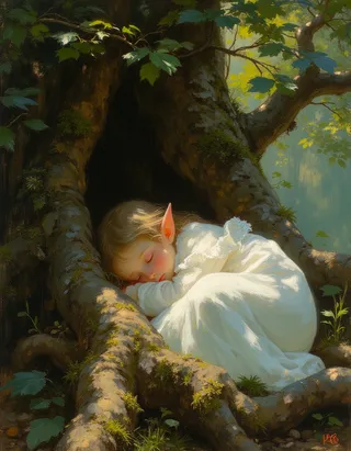 A delicate elf with wispy hair sleeps curled up in a white night gown nestled within the mossy roots of an ancient tree, illuminated by soft dappled light.