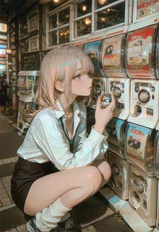 A girl crouching in front of a capsule toy vending machine, holding a shiny gacha ball in her hand in an urban night setting.
