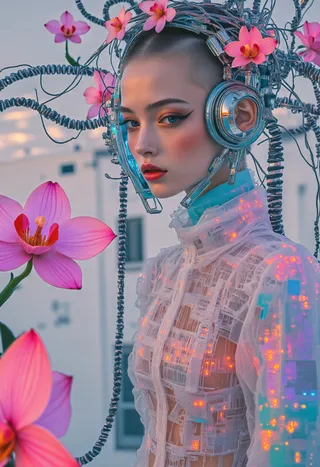 A photo-realistic woman wearing a futuristic technological headpiece made of electronic components and wires, with pink flowers interwoven, dressed in a glowing mesh-like outfit in Mecharobandro style.