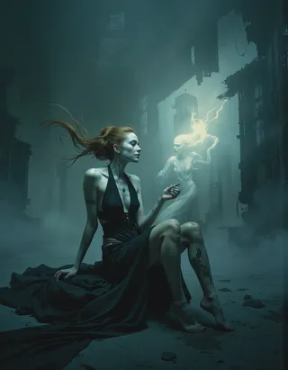 A haunting scene depicts a pale woman with strawberry blonde hair and gothic tattoos sitting barefoot in a black halter dress in a foggy, ruined city. A spectral glowing figure hovers behind her.