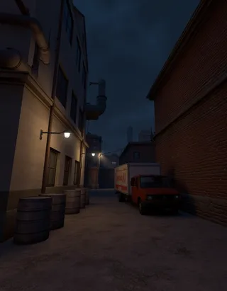 Low-polygon 3D modeling of a back alleyway at night featuring steam pipes, metal barrels, a parked delivery truck, and wall-mounted lights casting sharp shadows.
