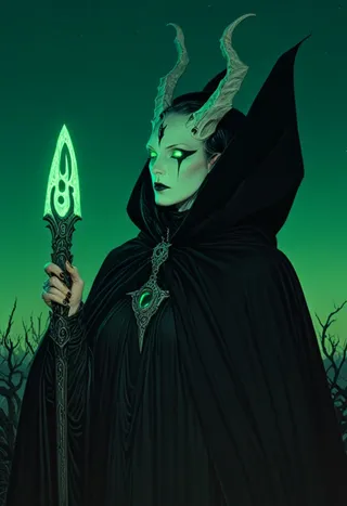 Gothic high priestess in a black horned cloak holds a glowing green ritual blade and an obsidian relic, standing against a dark green sky in a desolate wasteland.