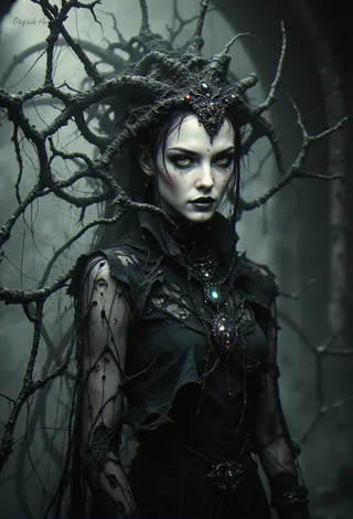 A gothic supermodel in a dark, tattered outfit stands in a shadowy forest with an intricate twisted branch headpiece and haunting stare.