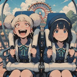 Two classmates in an amusement park roller coaster, one girl teary-eyed and screaming, the other smiling confidently, under a bright sky with a Ferris wheel in the background.