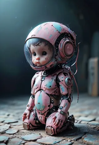 Close-up of a highly detailed robotic baby toy wearing pink armor and a helmet, featuring vintage analog film grain and faded kodachrome tones under a spotlight.