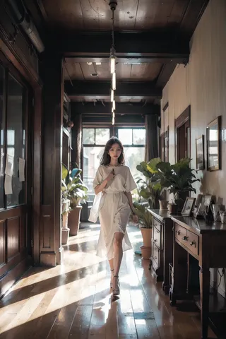 A woman in a flowing white dress walks through a sunlit corridor inside an office building, surrounded by potted plants and wooden furniture, with soft natural light creating dramatic shadows.