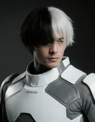 Portrait of a man wearing a grey and white futuristic suit, with half black and half white hair, looking to the side in a dark background.