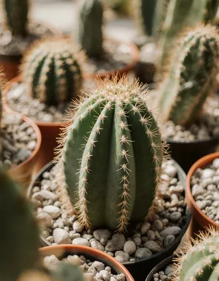 Close-up image of a green cactus with sharp spines in a small pot surrounded by other potted cacti and gravel.