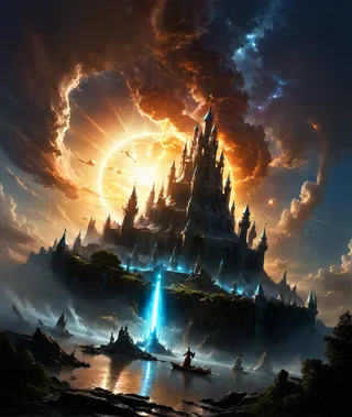 A majestic fantasy castle illuminated by a celestial golden light, surrounded by dramatic swirling clouds and glowing blue magical beams over a serene water body with small boats.
