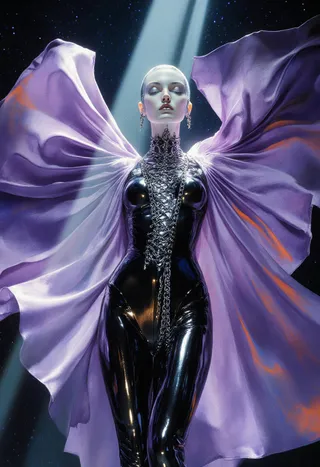 Portrait of an alien couture muse with violet silk flowing wings and a black high-gloss bodysuit adorned with metallic chains, illuminated by cold starlight.