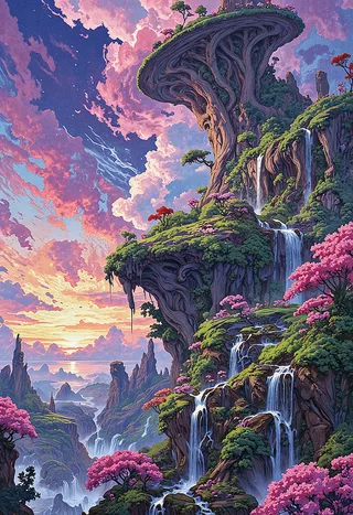 A vibrant ethereal sky garden with floating islands covered in lush greenery and colorful trees, cascading waterfalls, and a vivid sunset sky with swirling clouds.