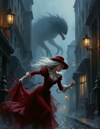 Victorian English albino girl in a flowing burgundy dress running down a foggy cobbled London street at night, chased by a large shadowy arcane horror with glowing eyes, under gas lamps and gothic buildings.