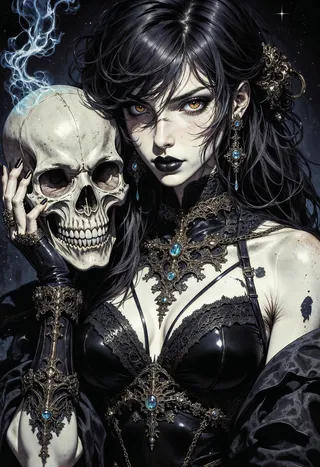 A gothic dark fantasy woman with pale skin and glowing golden eyes, wearing black lace and leather adorned with blue jeweled ornaments, holding a smoking human skull.