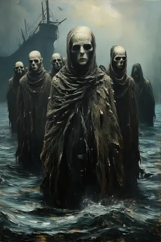 Pale skeletal figures with stone-like skin emerging from choppy dark water, wearing tattered cloaks, set against a misty, overcast sky with a derelict ship silhouette.
