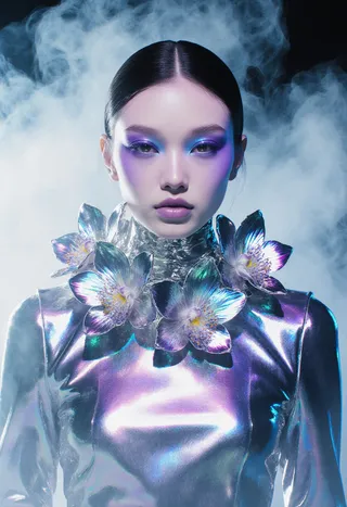 Portrait of a model with liquid-metal petals resembling chrome orchids blooming from her neckline, wearing a reflective mercury-fabric top, with violet haze makeup and a cerulean vapor background.
