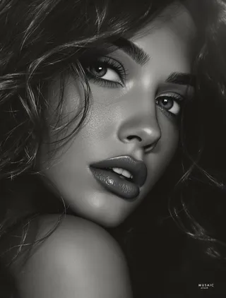 Black and white close-up portrait of a young woman with detailed facial features, glossy lips, and wavy hair, designed as a pop album cover for artist MUSAIC.