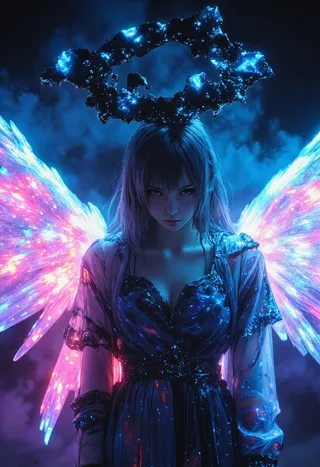 Hyperrealistic portrait of an unclean angel with shattered black and cobalt blue glass halo floating above her head, framed by translucent bioluminescent wings glowing with pink and purple hues, wearing a molten glass garment under cyan and magenta studio lights.