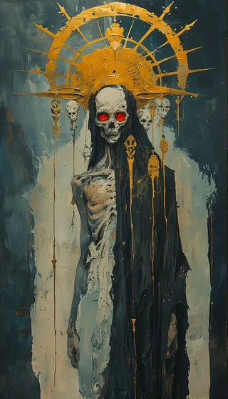 Dark-toned abstract painting of a grotesque skeletal figure wearing a vibrant golden skull mask with fiery red eyes, adorned with a bone-like crown and occult charms, draped in flowing dark cloth.