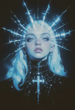 Portrait of a beautiful demonic woman with pale blue glowing skin and digital glitch effects, wearing a celestial cross necklace and earrings, with a background of analog interference.
