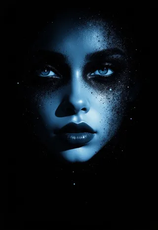 A haunting analog horror portrait of a demonic woman rendered in deep electric blue and black tones, with glowing eyes and film grain textures.