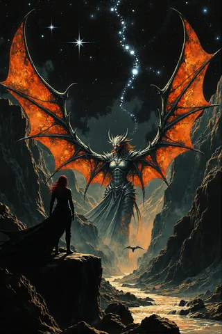 Lilith, a demoness queen with crimson hair and devil horns, stands in black leather armor facing a massive figure with fiery amber draconic wings in a rocky valley under a starry sky.