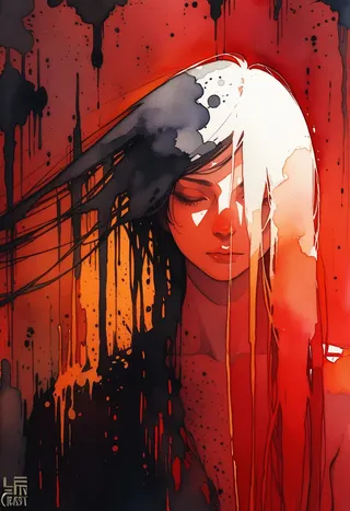 Watercolor portrait of a person with half black and half white hair, closed eyes, against a crimson, black, and golden ink splattered background.