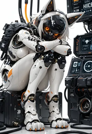 A detailed 3D render of a humanoid robot with sleek white and black robotic design, cat-like ears, glowing orange eyes, sitting contemplatively with arms crossed in a futuristic cockpit with advanced control panels and cables.