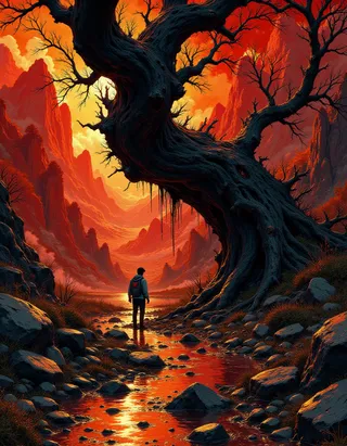 A lone silhouette standing by a winding river under a giant twisted tree with barren branches, surrounded by towering red-orange rocky mountains during a dramatic fiery sunset.