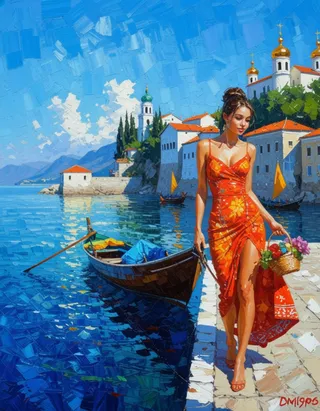 A woman in a vibrant red dress walks beside a fishing boat on a sunny Mediterranean coastal town, with blue sea and colorful buildings in the background.