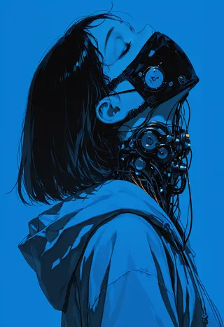 Side profile of a black-haired girl wearing a mechanical facemask connected with wires, against a vivid blue background.