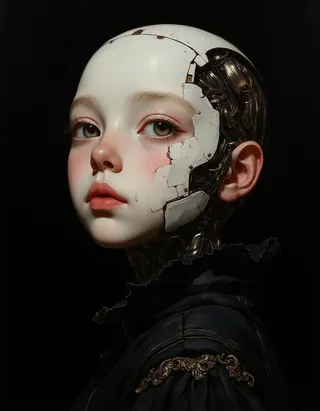 Hyper-realistic oil painting of an albino half-robot tween girl with delicate features and intricate mechanical details, set against a black background.