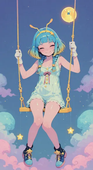Jelly Hoshiumi with blue hair and star-shaped hairband swinging joyfully in a dreamy sky with pastel clouds and glowing stars.