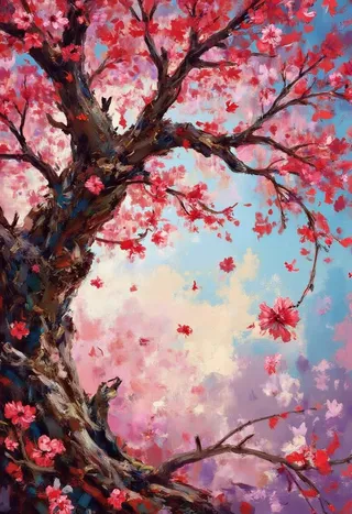 Impressionist style digital painting of a cherry blossom tree with vibrant pink and red flowers against a dreamy sky, capturing light and shadow with loose brushstrokes.