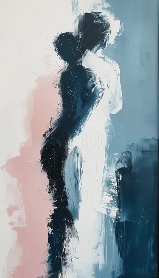 An abstract painting featuring a poised woman with her graceful back, created with broad, bold brushstrokes on a white canvas, set against a soft background of blues, greys, and pinks.