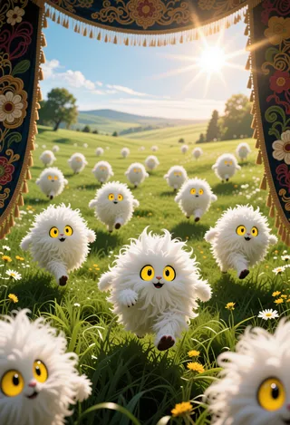 Bright eyed fluffy white creatures joyfully running in a sunny green meadow filled with flowers under a clear sky.