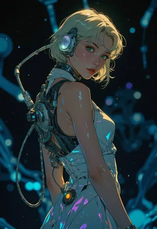 Anime-style cyberpunk cyborg girl with blonde pixie cut and glowing green eyes wearing a shiny hologram halter dress, standing against a dark abstract background.