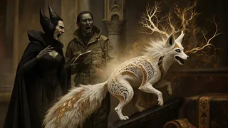 A screaming black-clad sorceress and a soldier preaching in a gospel church examining an intricate white arctic fox with gold and umber patterns and tree-like antlers.