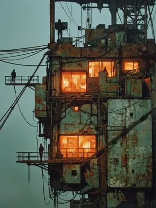 Futuristic industrial structure with rusted metal surfaces and glowing orange interior lights against a misty teal sky, featuring silhouetted figures on precarious platforms connected by cables.
