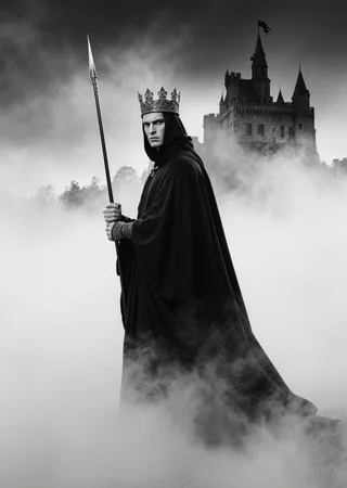 A black-and-white image of a crowned figure wearing a flowing black cloak and holding a spear, standing amidst swirling fog with a castle silhouette in the background.