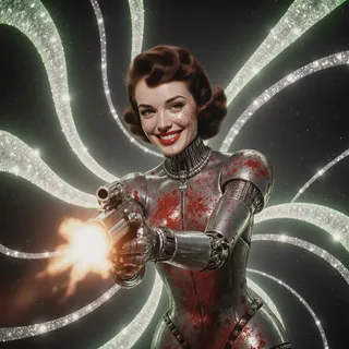 A 1950s retro-styled female robot with harlequin elements fires a ray gun, wearing a metallic suit splattered with red, smiling against swirling glittering light trails.