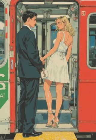 A ligne claire style illustration of a man in a suit and a blond woman in a white summer dress holding hands at a metro train entrance, conveying a sense of longing in an urban New York setting.