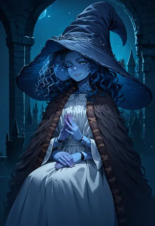 A blue-skinned witch with wavy curly hair, extra faces, and wearing a large witch hat and white dress sits in a dark castle environment at night with a seductive smile.