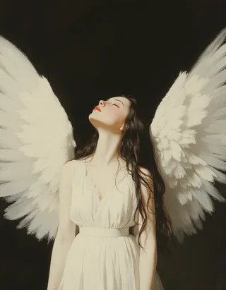 A cheerful pale gothic tween angel with translucent white skin and large feathery white wings extended from her back, dressed in a white flowing dress, against a dark background.