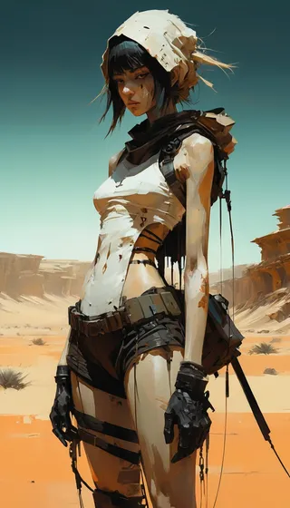 Anime art of a young woman in desert attire standing in a barren desert with rocky formations under a clear blue sky.