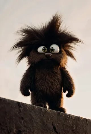 A photorealistic small cartoonish man covered in thick fur with wild hair. The character has large wide eyes looking forward, standing on a textured edge under dramatic cinematic lighting.