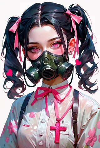 Portrait of a girl with black twintails tied with pink ribbons, wearing a dark green gas mask, pink eyes, a white shirt with pink floral accents, and a large pink cross necklace, depicted in Vincent van Gogh's oil painting style.