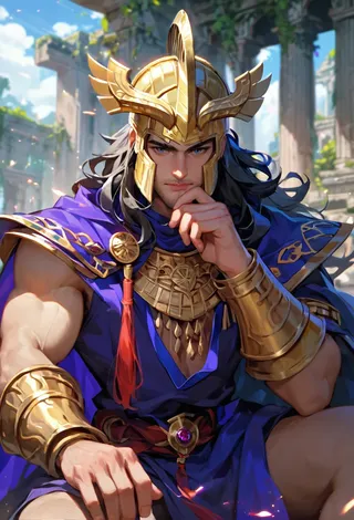 Doctor Fate wearing a detailed golden helmet and ornate armor, surrounded by ancient ruins with mystical light and magic energies.