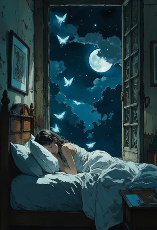 A young girl sleeping peacefully in her bed under moonlight, with glowing fairies flying outside an old wooden lattice window in a dimly lit room.